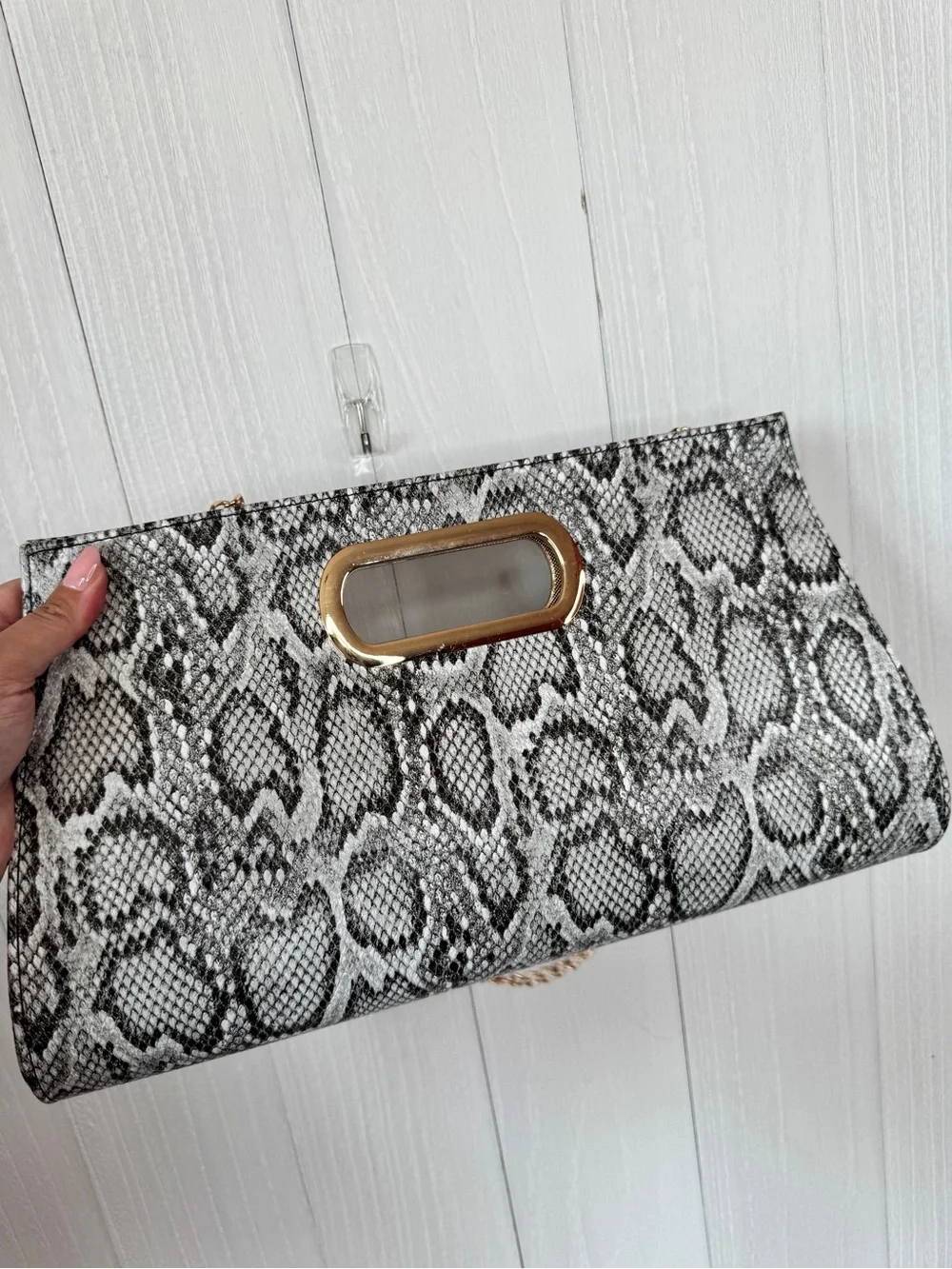 Snake-Print Chain Handle Clutch - Black & White